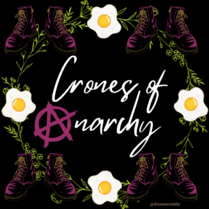 A completely unofficial Crones of Anarchy logo featuring a wreath of doc martens shoes (purple), fried eggs, and a lovely bit of verge. The A in anarchy, is, of course, the traditional anarchy symbol though in purple. The "Crones of narchy" part is in script, centered.