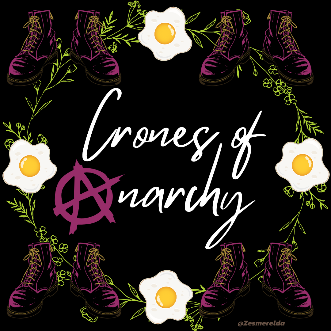 A completely unofficial Crones of Anarchy logo featuring a wreath of doc martens shoes (purple), fried eggs, and a lovely bit of verge. The A in anarchy, is, of course, the traditional anarchy symbol though in purple. The "Crones of narchy" part is in script, centered.