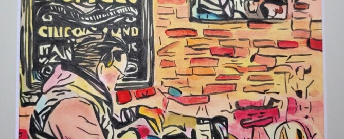 Cafe Beignet, lady reading a book in a New Orleans coffee shop. Watercolor by Tammy Green.