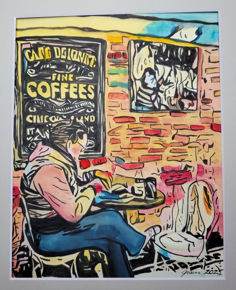 Cafe Beignet, lady reading a book in a New Orleans coffee shop. Watercolor by Tammy Green.