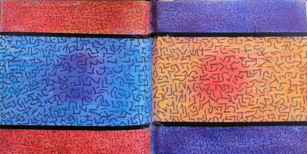 Asemic writing spread done in shades of blue, red, orange and purple