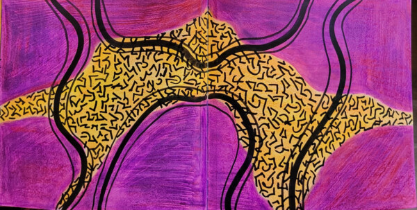 Asemic writing spread done in shades of pink and yellow