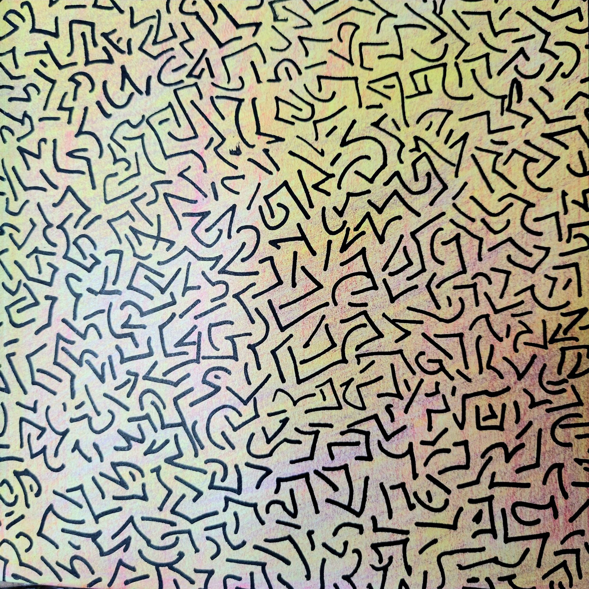 Asemic writing closeup done in shades of yellow