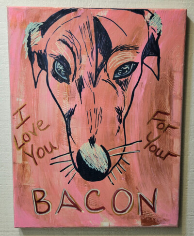 I love you for your bacon - posca sketch of my dog Shawy on a pink mottled background that resembles bacon. Mmm, bacon.