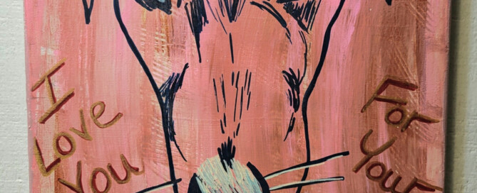 I love you for your bacon - posca sketch of my dog Shawy on a pink mottled background that resembles bacon. Mmm, bacon.