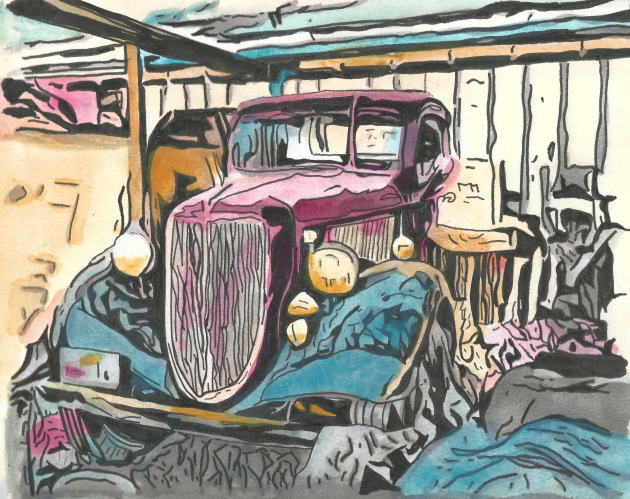 Watercolor of an old ford truck in a barn.