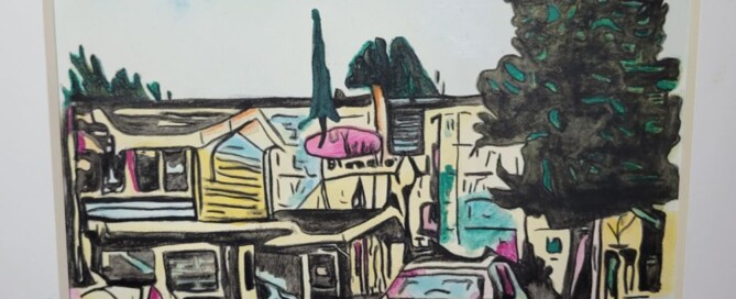 Watercolor of Blondie's hotel/cafe in downtown Shelton WA