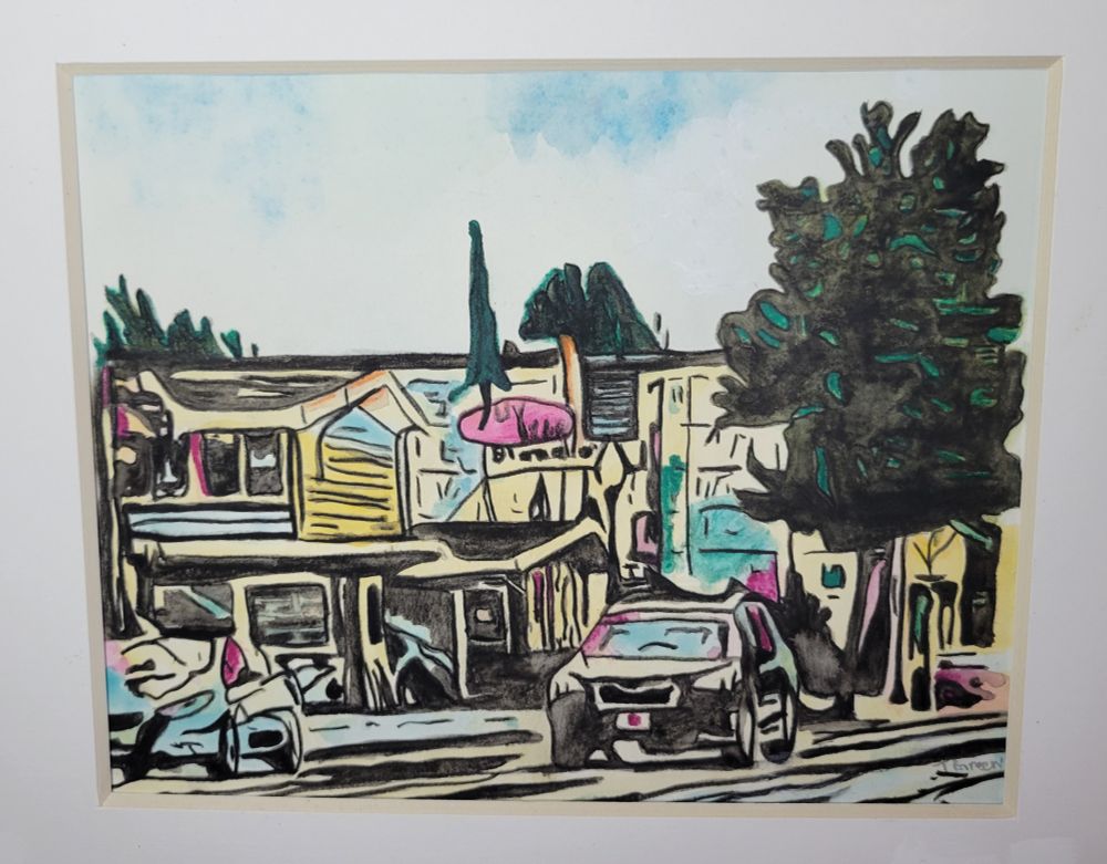 Watercolor of Blondie's hotel/cafe in downtown Shelton WA