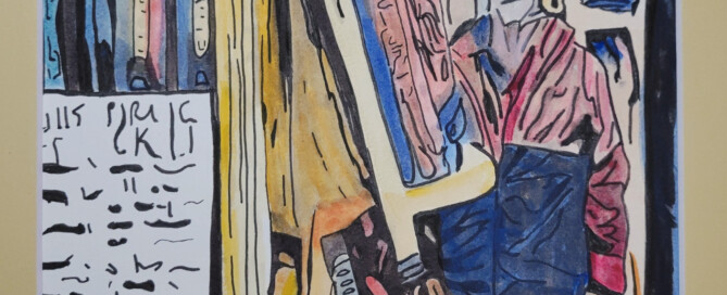 Jan browsing books at Browsers bookstore in Olympia, WA. Abstract watercolor.