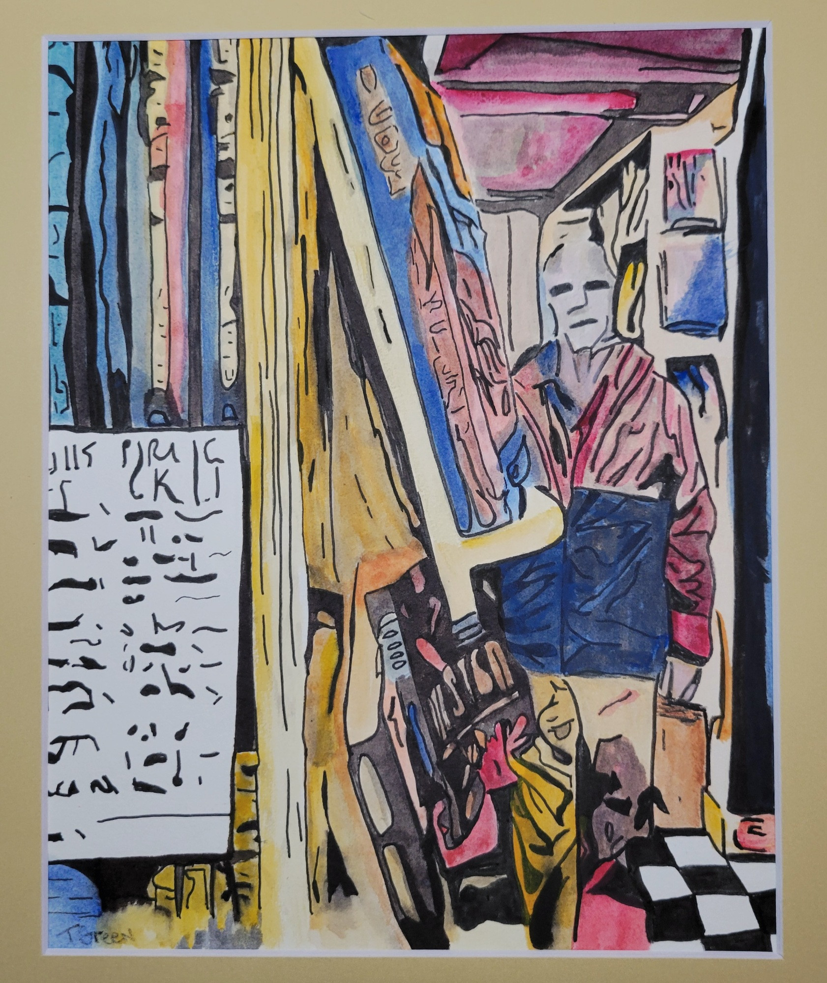 Jan browsing books at Browsers bookstore in Olympia, WA. Abstract watercolor.