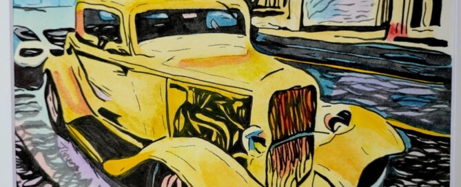 Watercolor of a yellow hot rod on the streets of Gig Harbor, WA.