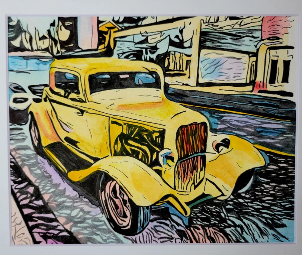Watercolor of a yellow hot rod on the streets of Gig Harbor, WA.