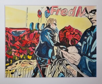 Watercolor of my husband shopping at the grocery store. There's a wall of poinsettias in the background and some strange lady with a cart.
