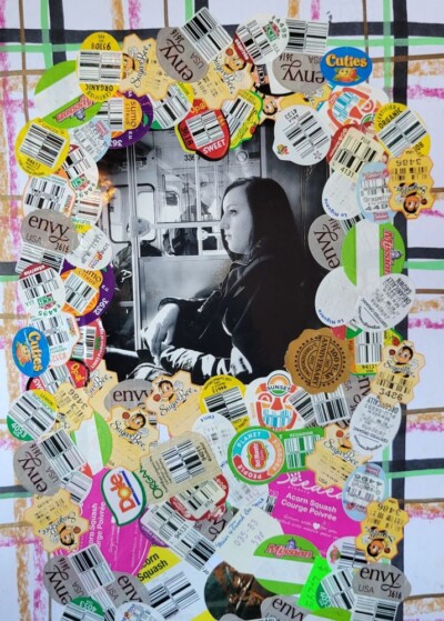 Portrait of a girl on the Chicago Transit Authority train (red line?) overlaid with fruit peel stickers.