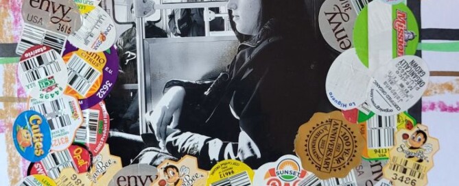 Portrait of a girl on the Chicago Transit Authority train (red line?) overlaid with fruit peel stickers.
