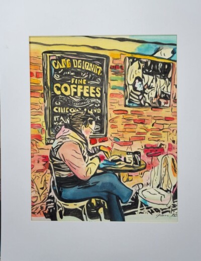 Cafe Beignet Fine Coffees sign in the background against a brick wall. A woman drinks coffee and reads a book. Watercolor.