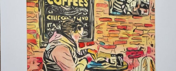 Cafe Beignet Fine Coffees sign in the background against a brick wall. A woman drinks coffee and reads a book. Watercolor.