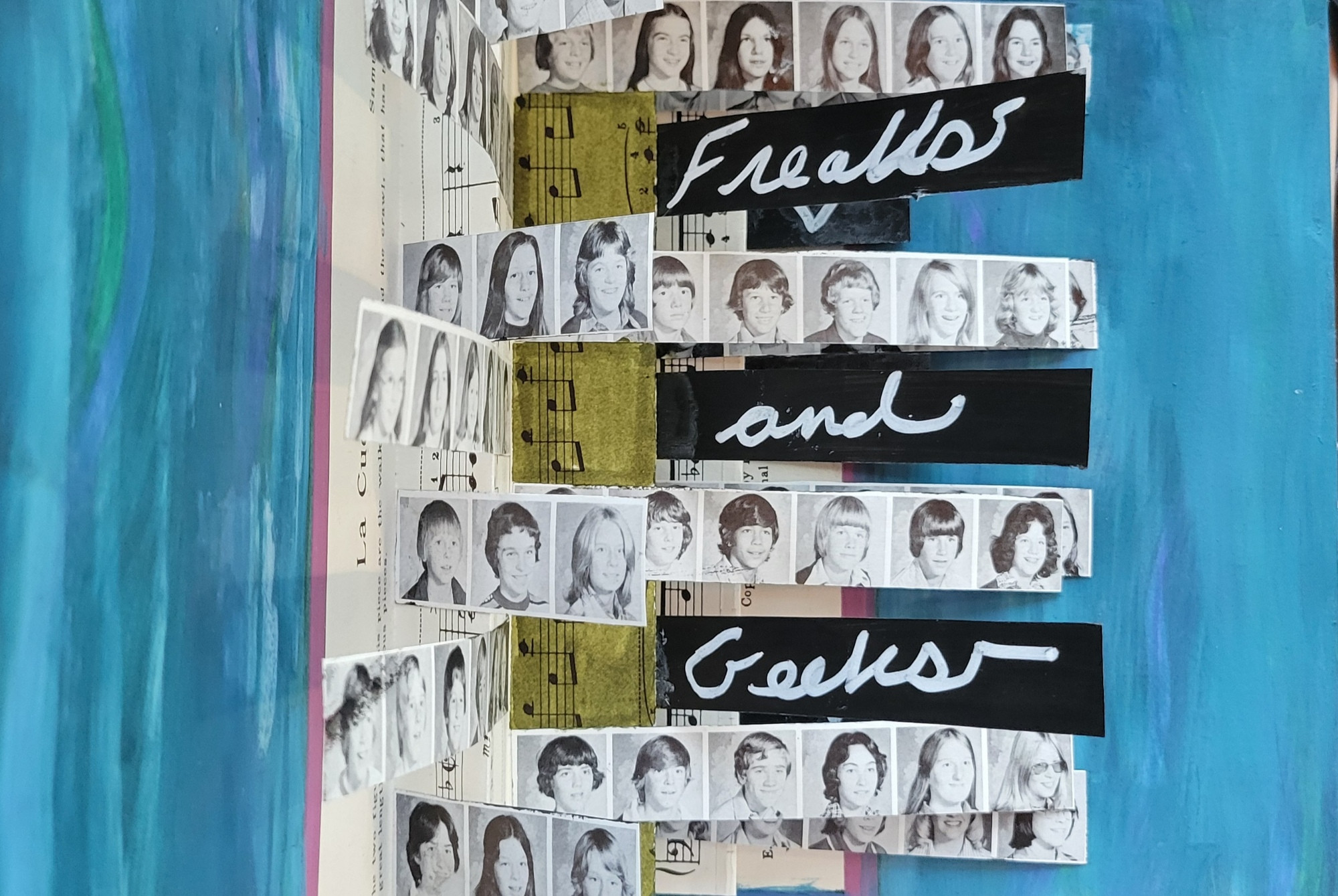 Freaks and Geeks pop-up using old yearbook photos and sheets of music