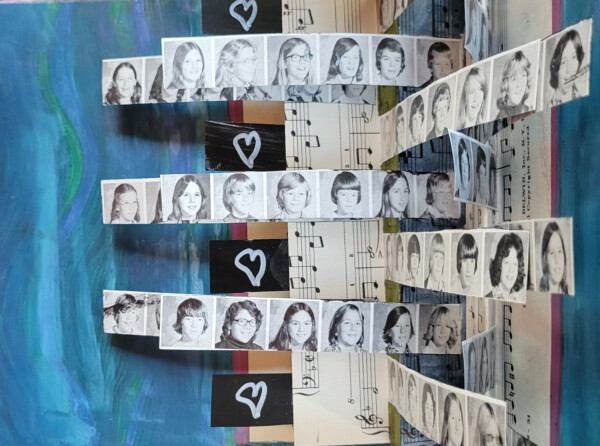 Freaks and Geeks pop-up using old yearbook photos and sheets of music