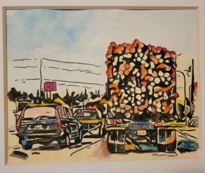 Watercolor of the back of a logging truck in the Pacific Northwest