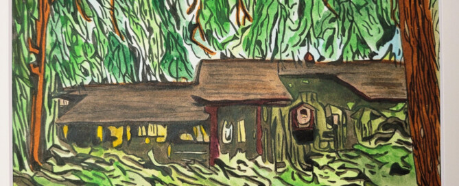 Clubhouse of the Harstene Point home owner's association. Abstract watercolor.