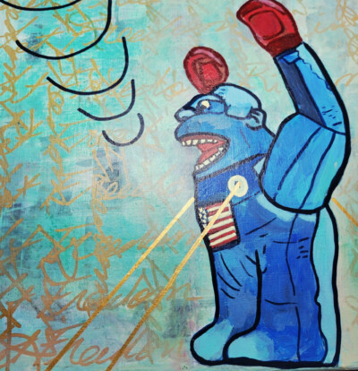 The Big Blue Gorilla screams "Let Freedom Ring!" while being tethered to the ground.