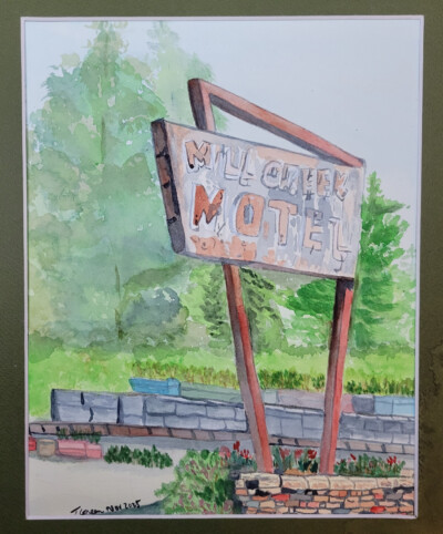 Watercolor of the Mill Creek Motel sign in Shelton, WA