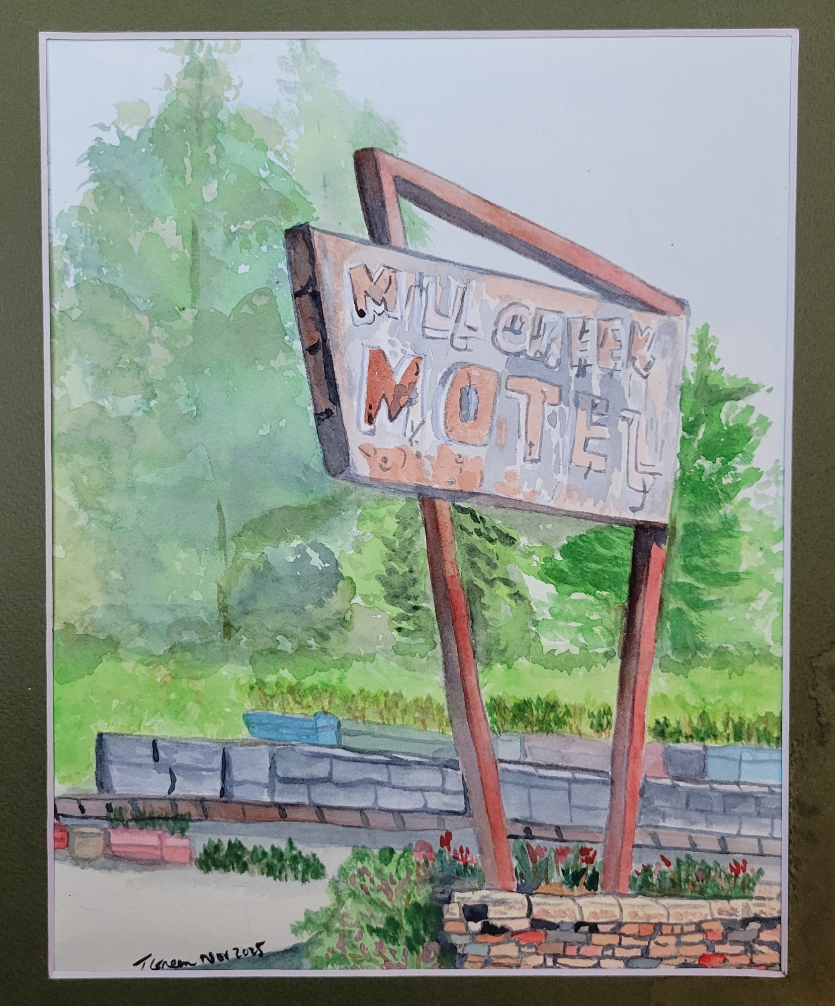 Watercolor of the Mill Creek Motel sign in Shelton, WA