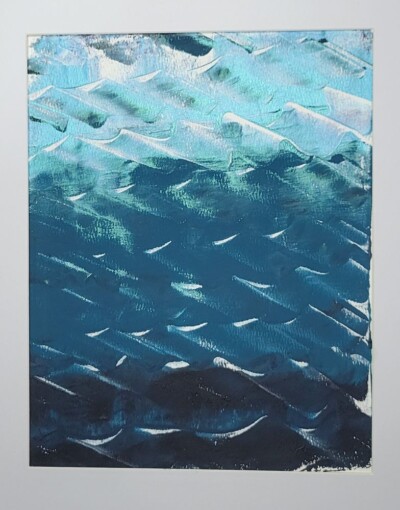 Moody monoprint done in a teal blue gradient with lots of movement and white voids that remind me of whitecaps on the sea.