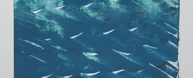 Moody monoprint done in a teal blue gradient with lots of movement and white voids that remind me of whitecaps on the sea.