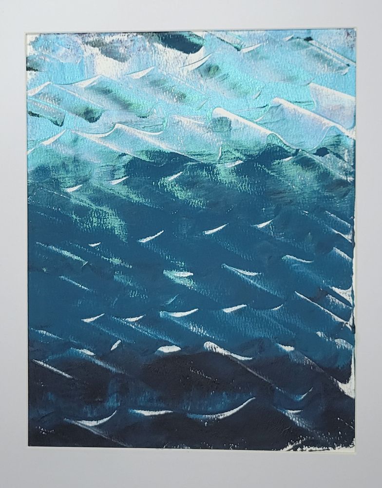 Moody monoprint done in a teal blue gradient with lots of movement and white voids that remind me of whitecaps on the sea.