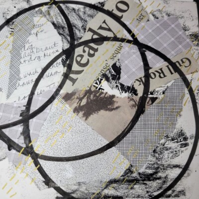 Collage using local papers, envelopes, to-do lists. Overlaid with posca pen marks in black and gold.