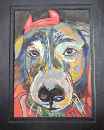 Portrait of my dog Shawzy done in Posca pens. Shawzy is wearing a devil costume. He's not actually a devil.