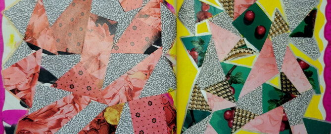 Tangram spread from my scrapbook. Done with magazine ads and the inner side of envelopes primarily in pinks, greys, yellows, and greens