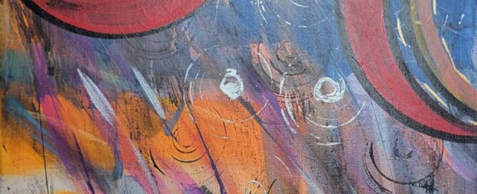 Interstellar Toothpaste: acrylic on canvas, featuring red concentric circles on a dark blue background with pops of orange, silver, and pink. Looks a little bit like a fight from Star Wars or something.