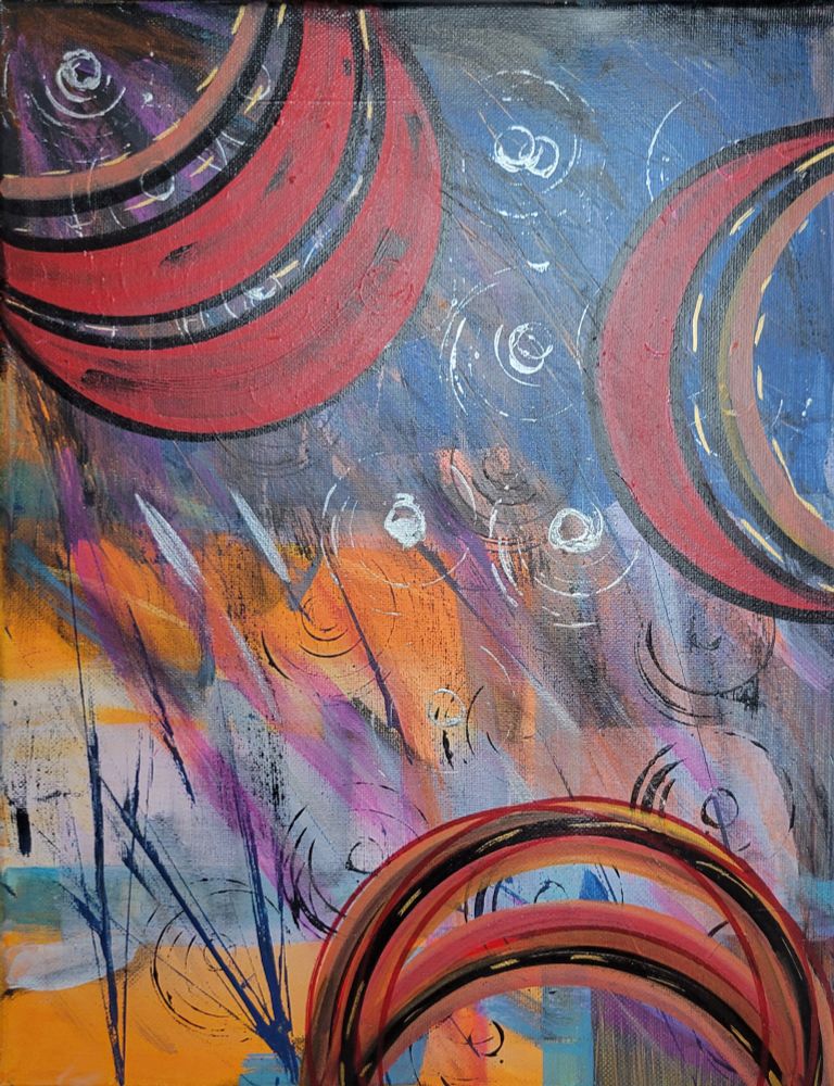 Interstellar Toothpaste: acrylic on canvas, featuring red concentric circles on a dark blue background with pops of orange, silver, and pink. Looks a little bit like a fight from Star Wars or something.