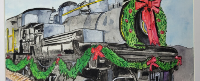 Watercolor of the train in downtown Shelton WA that's been decorated with a wreath and garland for the holidays.