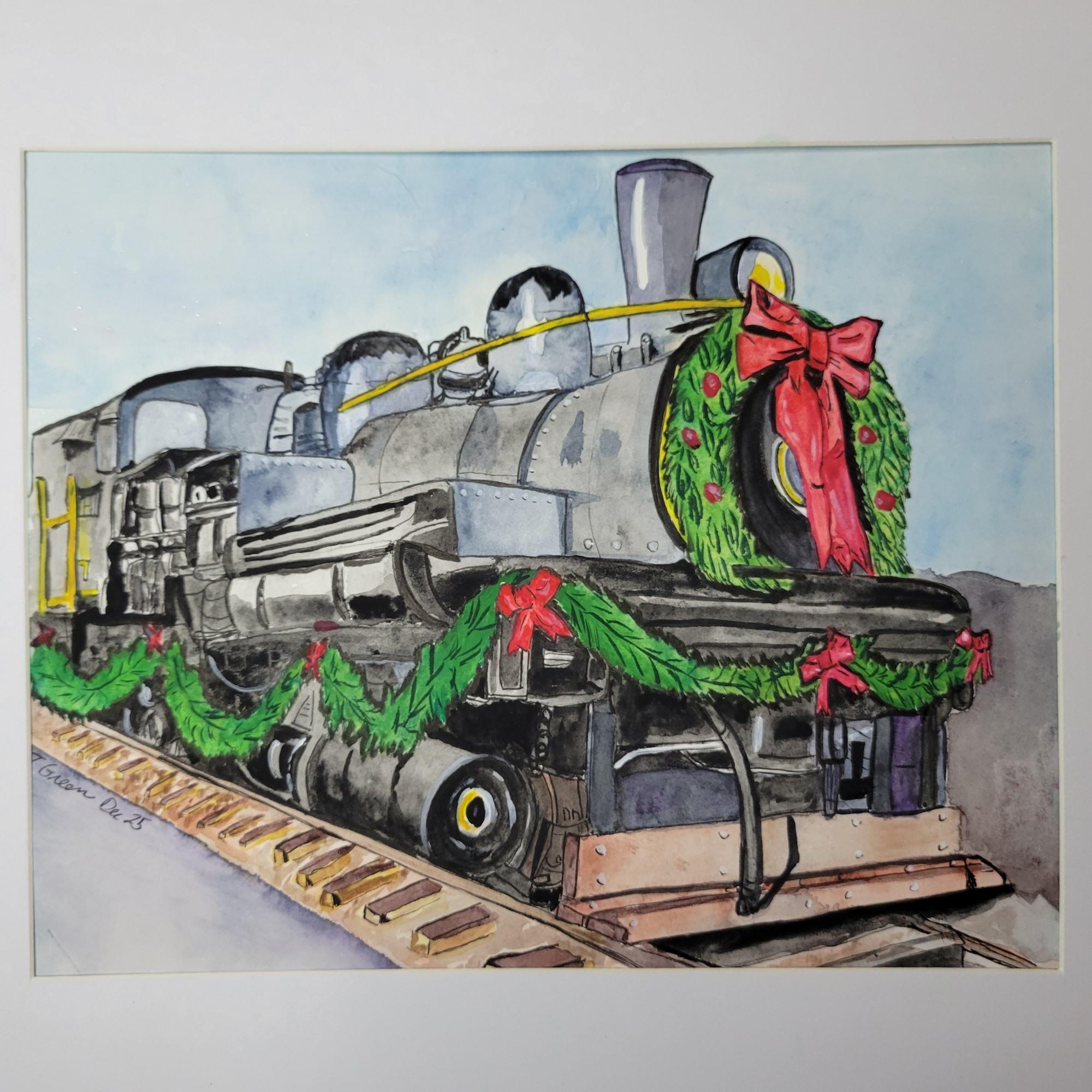 Watercolor of the train in downtown Shelton WA that's been decorated with a wreath and garland for the holidays.