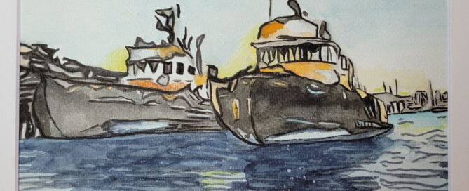 Watercolor of tugboats in Budd Inlet
