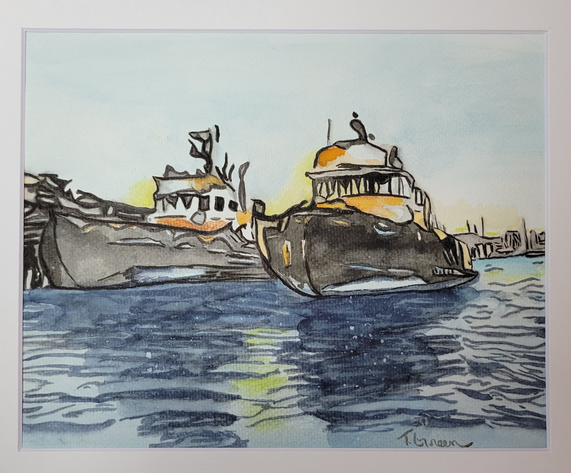 Watercolor of tugboats in Budd Inlet