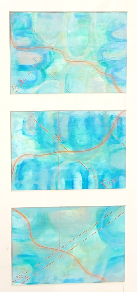 Triptich Painting about this reflecting pool nonsense. Features blue/turquoise reflections and arch forms interrupted by a vivid orange gash. Some orange architectural references lay on top. He created the problem he's trying to "solve."