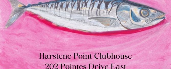 Sign with sardine reads: ART ON THE POINTE 2026 Harstene Point Clubhouse 202 Pointes Drive East Shelton, WA 98584 Sunday, September 6 1000AM – 300PM.