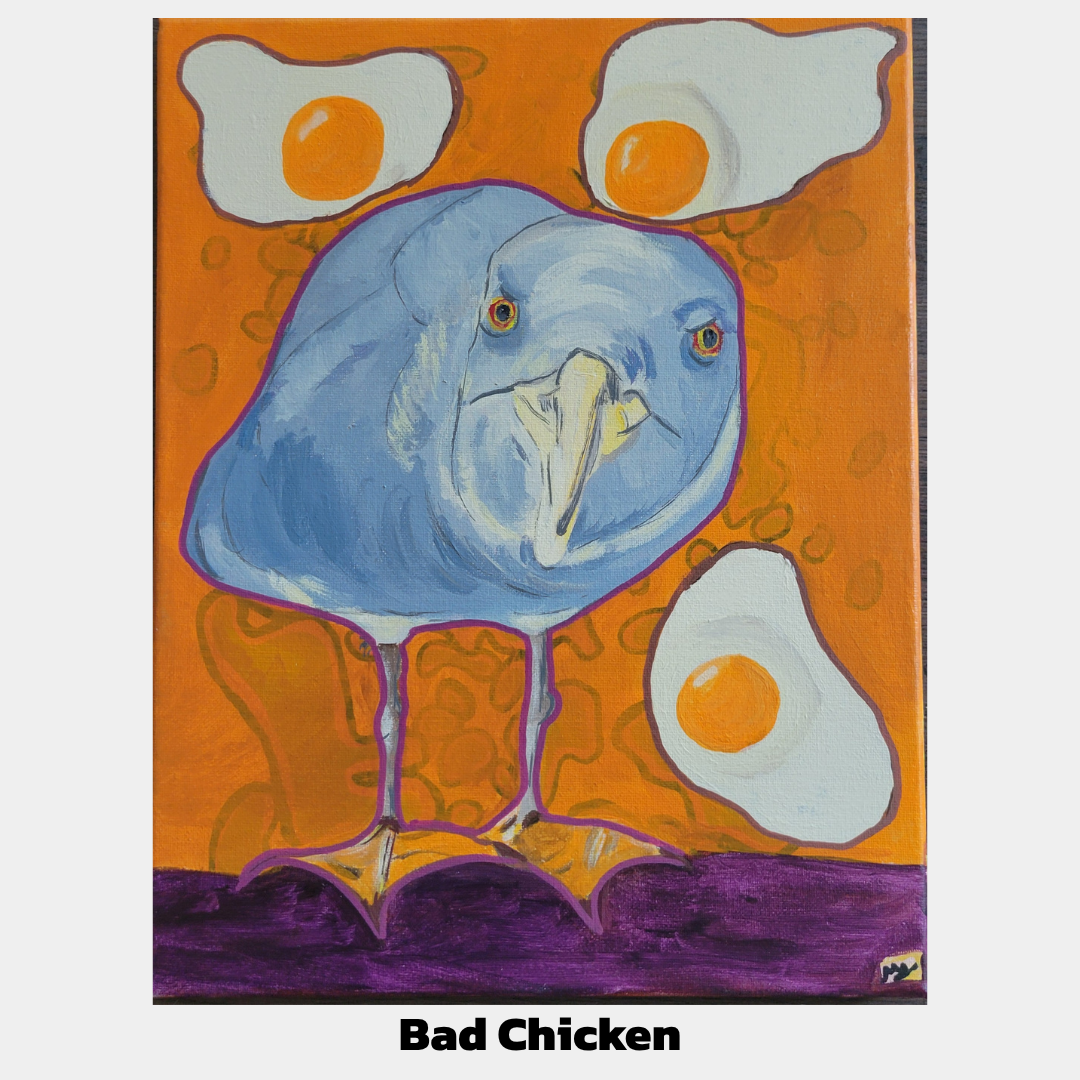 Bad Chicken Finished painting but with an outline around the seagull. In purple.