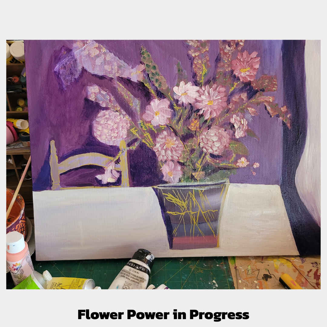 Process photo of the previous painting that shows changing the shape of the bouquet, pot, and adding a few elements like a chair and window.
