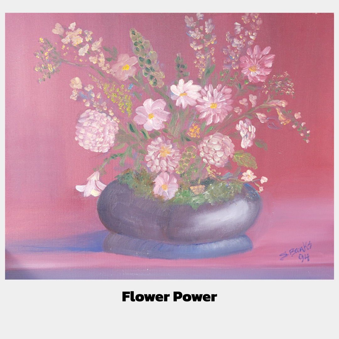 Acrylic floral painting found at a garage sale. Lotsa purples, squat little pot.