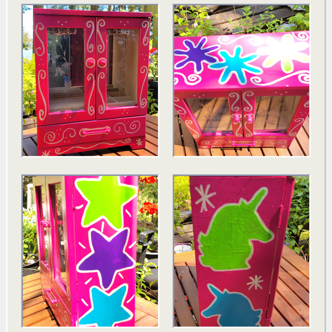 The transformed bog standard jewelry box into a hot pink wonder fit for a 5 year old.