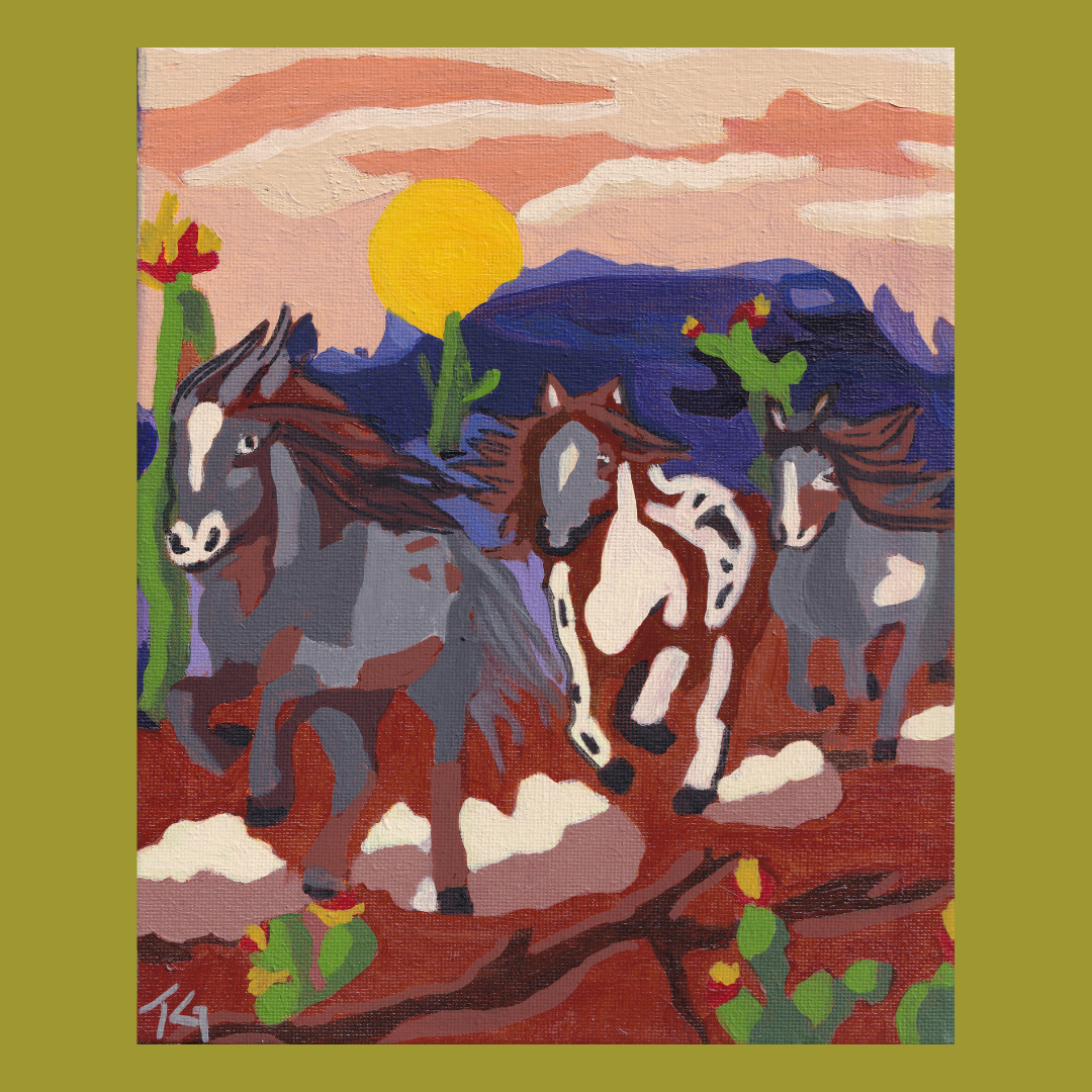 Paint by number of horses racing through the desert, only done with better paint.