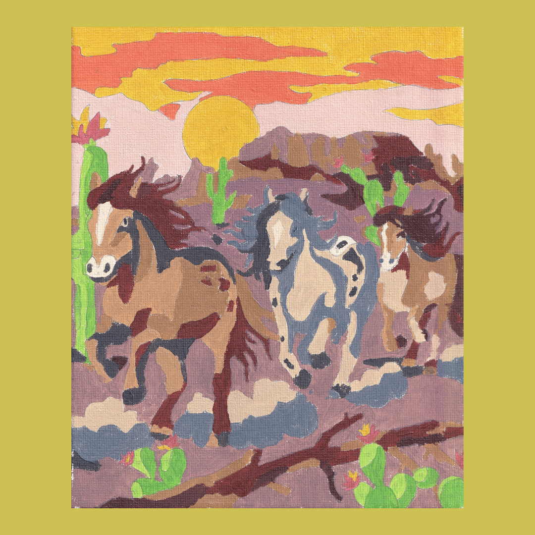 Paint by Numbers of three horses racing through the desert.