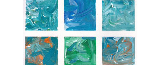 Abstract tiles down in turquoise, blue, orange, green, and white acrylics.