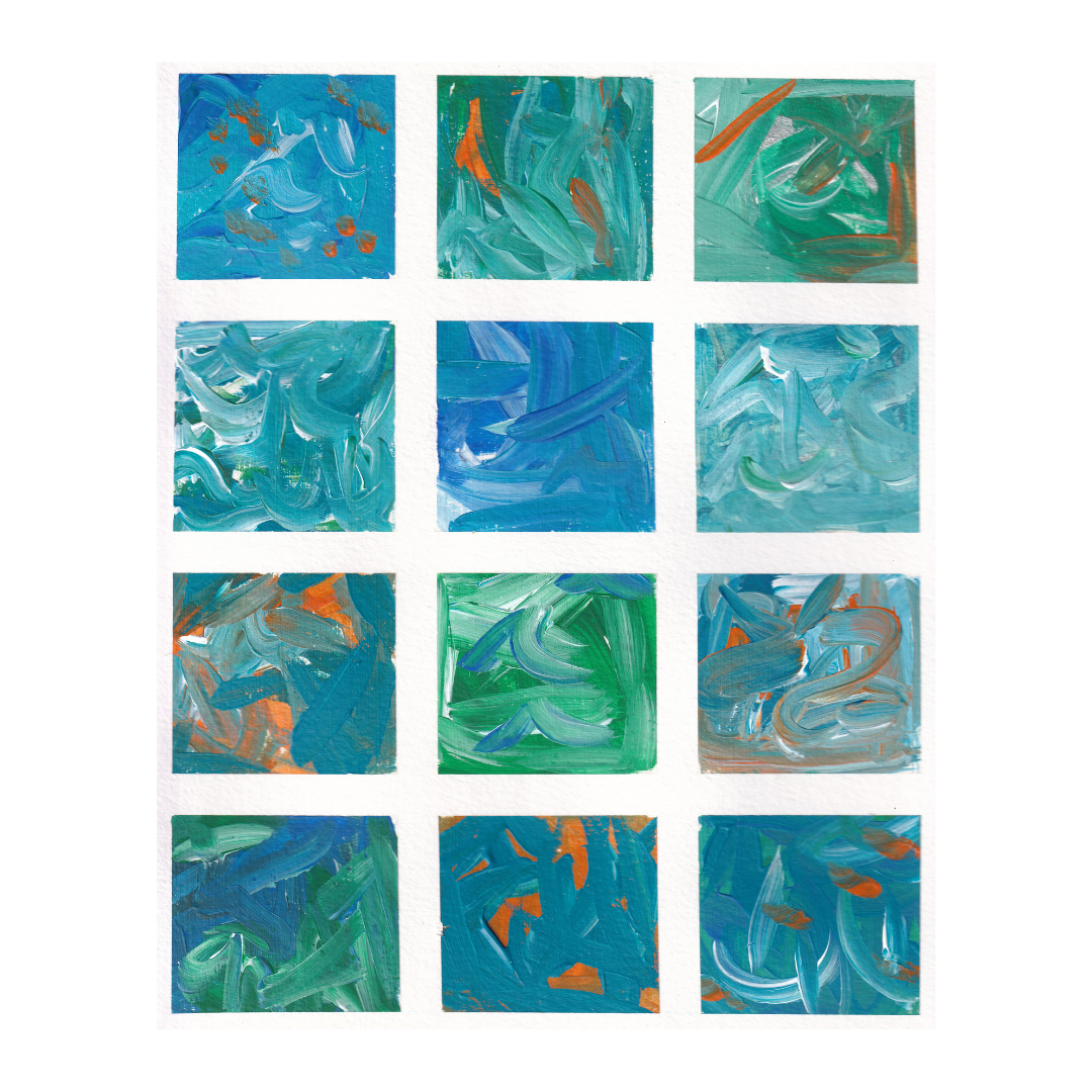 Abstract tiles down in turquoise, blue, orange, green, and white acrylics.